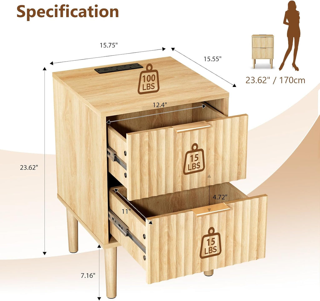 VINGLI Nightstands Set of 2 with Charging Station, Fluted Nightstand 2 Drawer, 15.8' W*15.6' D Mid Century Modern Nightstands for Bedroom, Fluted Bed Side Table, Oak Night Stands Set 2