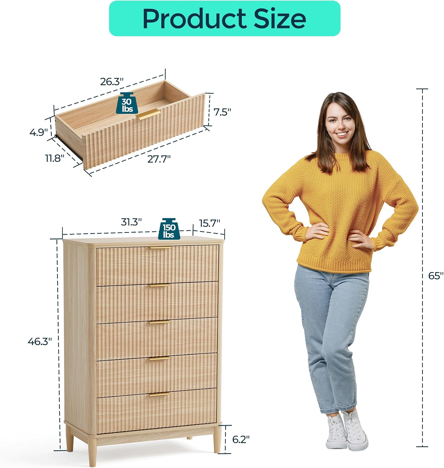 LINSY Fluted 5 Drawer Dresser for Bedroom, 46' Tall Mid-Century Modern Chest of Drawers, Deep Storage Dresser with Curved Corner Design, Large Accent Wood Cabinet for Bedroom, Oak