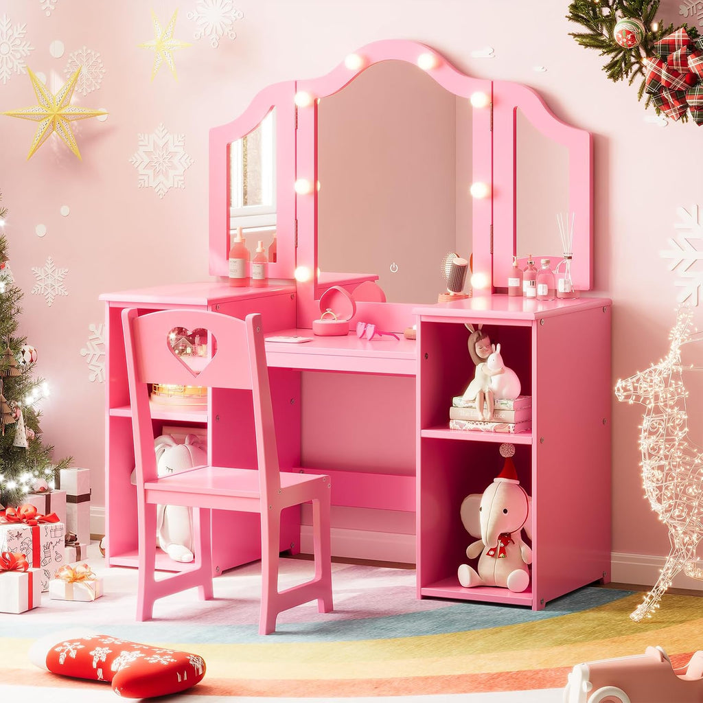 Garvee Princess Vanity Table & Chair Set for Girls with Tri-Folding Mirror, Touch Light Vanity Desk with Storage & High Back Chair - Convertible to Writing Desk, Gift for Girls