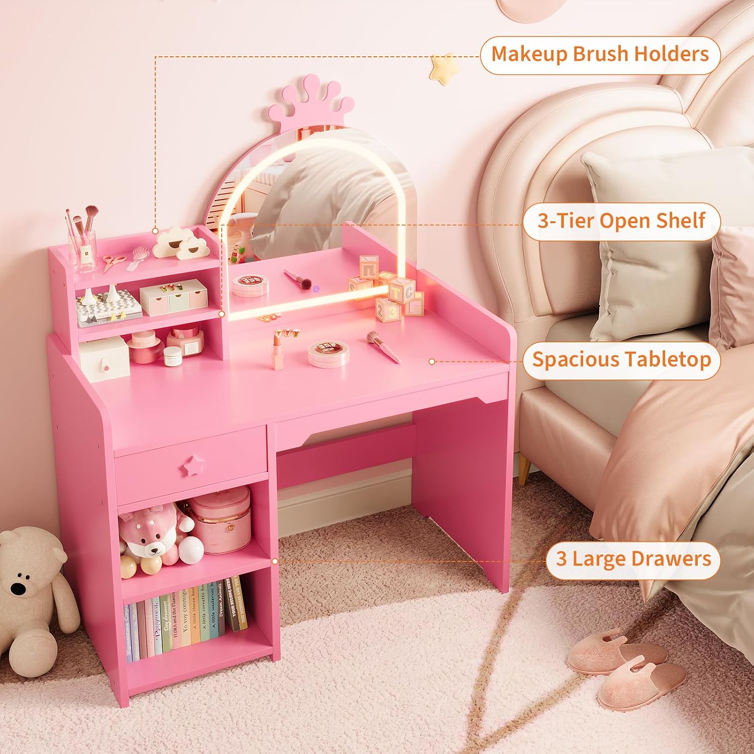 Garvee Kids Vanity with Lighted Mirror, 2 in 1 Princess Vanity Set Toddler Table & Chair Set with Open Bookshelf, Storage Cabinet & Shelves for Little Girls, Pink