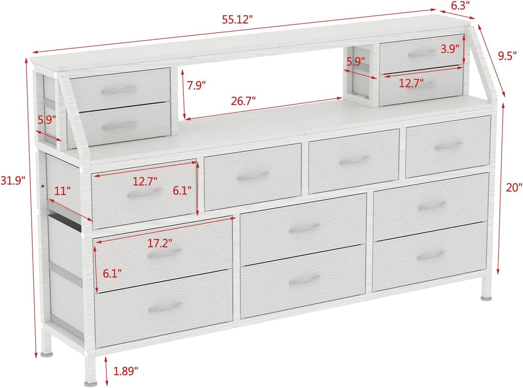 Dresser for Bedroom, 55' TV Stand with 14 Drawers, Long Dresser & Chests of Drawers with Shelves & Sturdy Metal Frame & Wood Top (White)