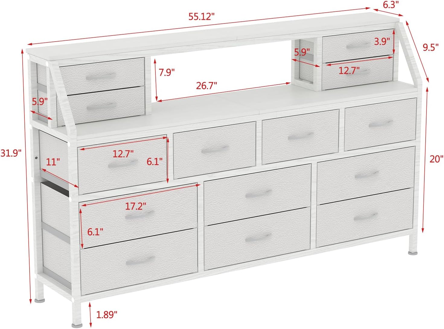 Dresser for Bedroom, 55' TV Stand with 14 Drawers, Long Dresser & Chests of Drawers with Shelves & Sturdy Metal Frame & Wood Top (White)