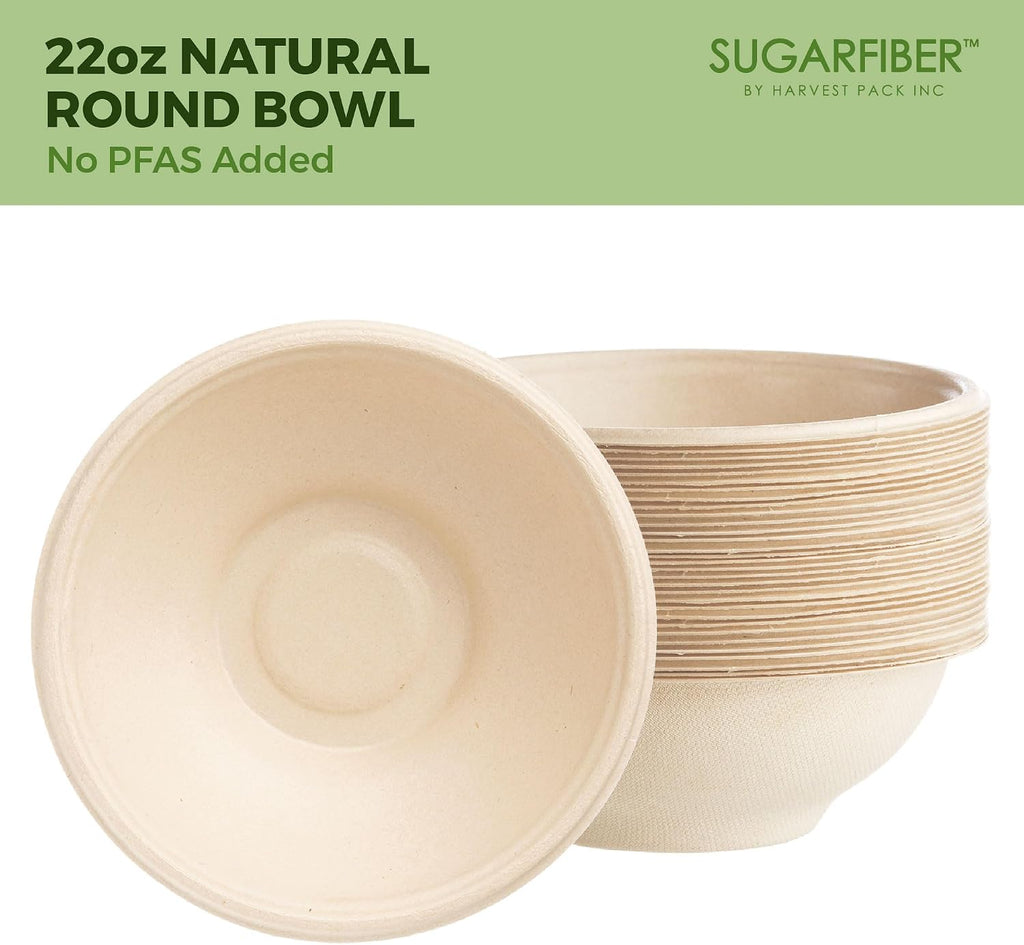 [500 SET]Sugarfiber by Harvest Pack 22oz Round PFAS Free Compostable Bowls with PLA coating with PET Lid -Heavy-Duty Eco-Friendly Disposable Bagasse Sugarcane Bowl for Meal Prep