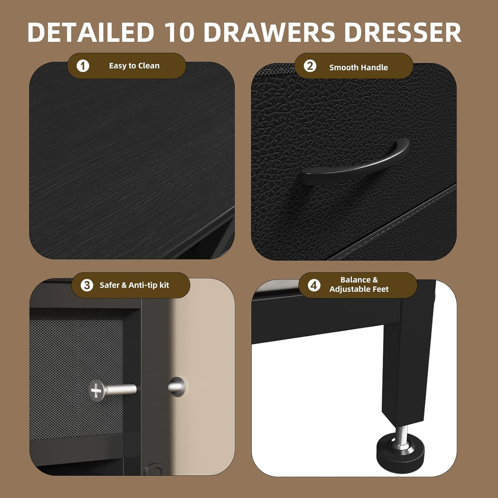 Black Dresser for Bedroom with LED Lights and Power Outlets, 55' TV Stand with 10 Drawers & Open Shelves, Fabric Chest of Drawers with PU Finish, Metal Frame, Wood Top