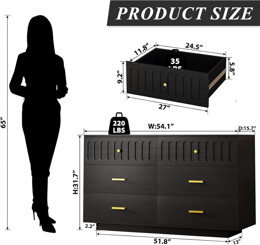 IBF Fluted Dresser with 6 Drawers for Bedroom, Large Wooden Chest of Drawers with Anti-Tipping Design for Men,Women, 54' Wide Modern Cloth Storage Dressers for Nursery,Closet,Living Room, Black Oak