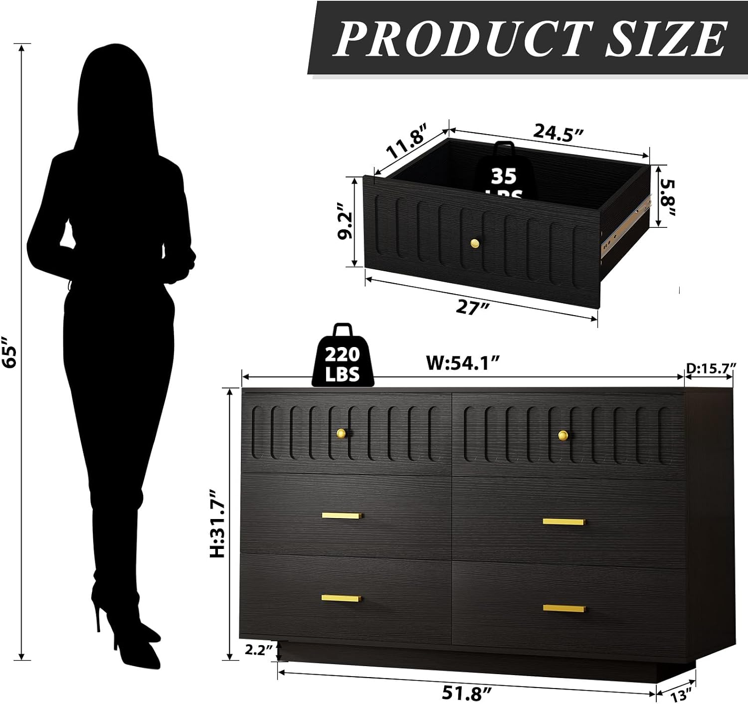 IBF Fluted Dresser with 6 Drawers for Bedroom, Large Wooden Chest of Drawers with Anti-Tipping Design for Men,Women, 54' Wide Modern Cloth Storage Dressers for Nursery,Closet,Living Room, Black Oak