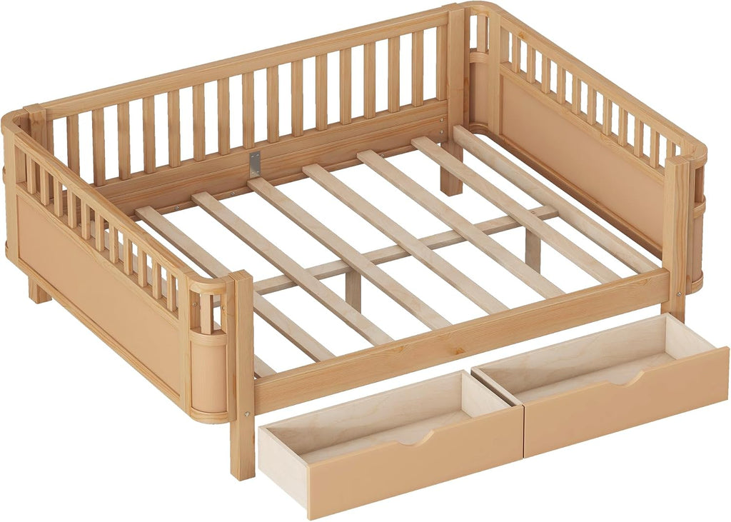 Harper & Bright Designs Full Size Low Platform Bed Frame, Daybed with Fence and Drawers, Low Profile Bed for Kids Bed Room, Natural