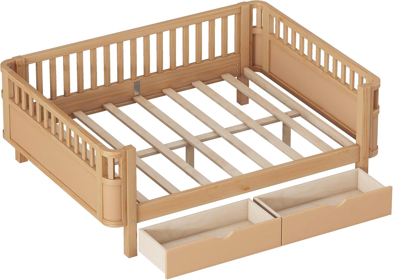 Harper & Bright Designs Full Size Low Platform Bed Frame, Daybed with Fence and Drawers, Low Profile Bed for Kids Bed Room, Natural