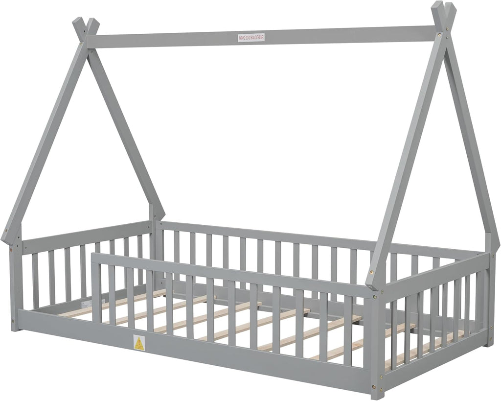 Twin Size Tent Floor Bed for Kids,Montessori Floor Bed with Fence，Floor Bed Frame Twin Size,Teepee Bed with Slats for Girls Boys,Grey
