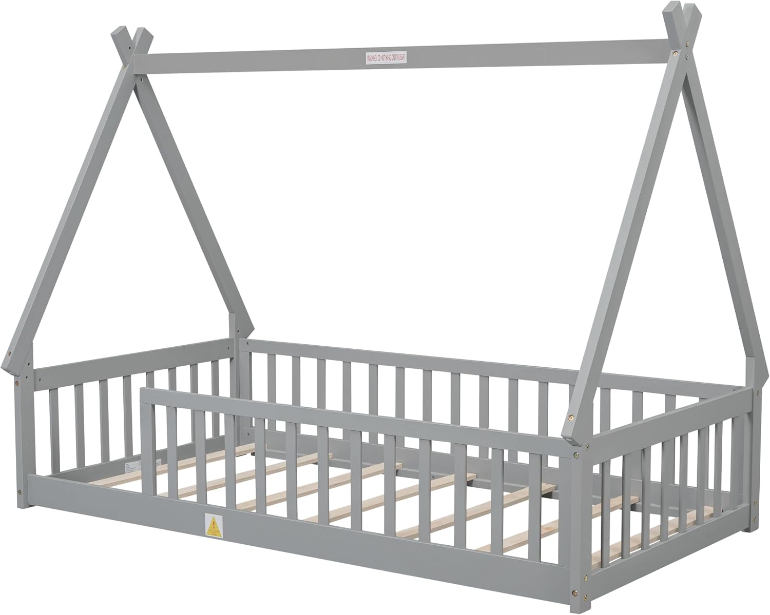 Twin Size Tent Floor Bed for Kids,Montessori Floor Bed with Fence，Floor Bed Frame Twin Size,Teepee Bed with Slats for Girls Boys,Grey