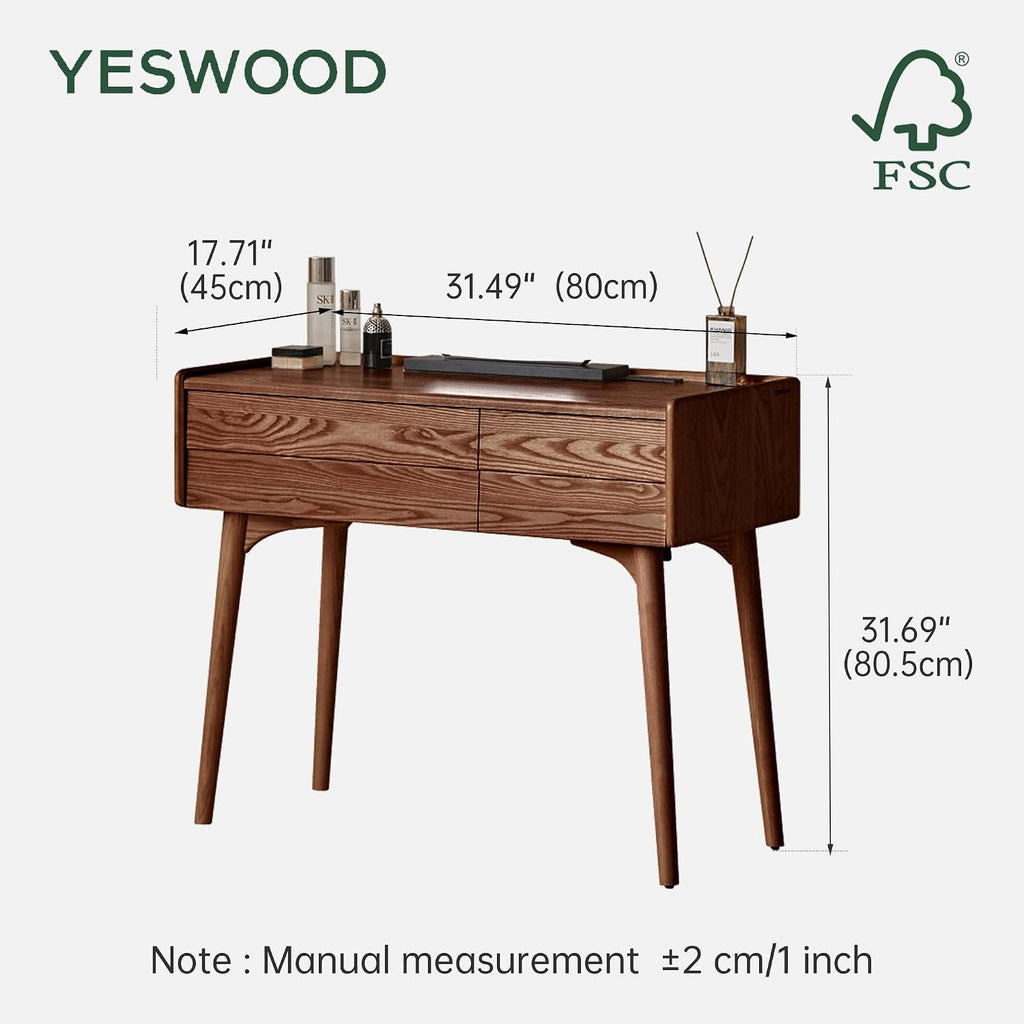 YESWOOD Samll Vanity Desk, Ash Wood Makeup Table for Girls, Walnut Color Vanity Set for Bedroom, Bathroom, Study Desk for Study Room, 18' D x 32' W x 32' H, No Chair and No Mirror
