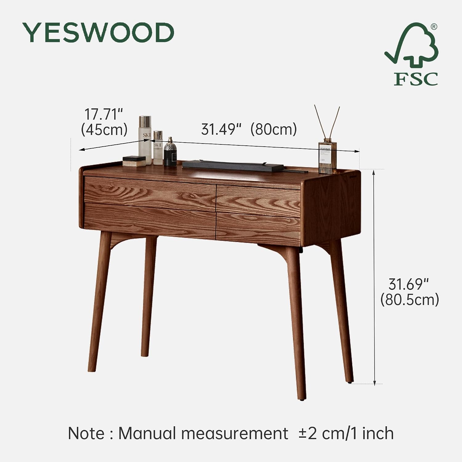 YESWOOD Samll Vanity Desk, Ash Wood Makeup Table for Girls, Walnut Color Vanity Set for Bedroom, Bathroom, Study Desk for Study Room, 18' D x 32' W x 32' H, No Chair and No Mirror