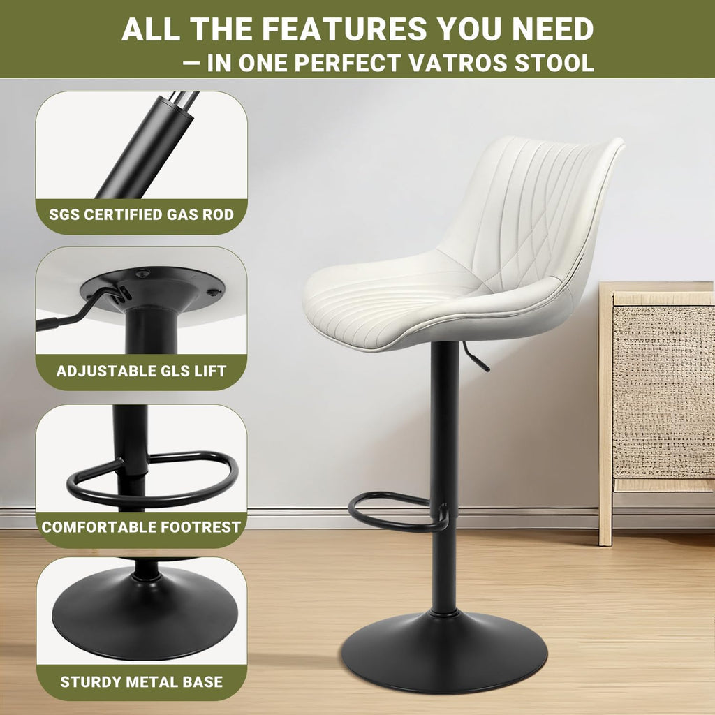 Swivel Bar Stools Set of 2, Height Adjustable Counter Height Bar Stools with Open Back and Footrest, Premium Faux PU Leather, Modern Upholstered Bar Chairs for Kitchen Island/Bar/Counter, White