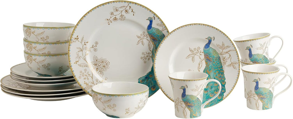 222 Fifth 16-Piece Porcelain Dinnerware Set for 4, Elegant Plates and Bowls Sets-White, Teal, Gold Ceramic Dishes, Chip Proof Kitchen and Dining Dish Set, Microwave & Dishwasher Safe, Peacock Garden
