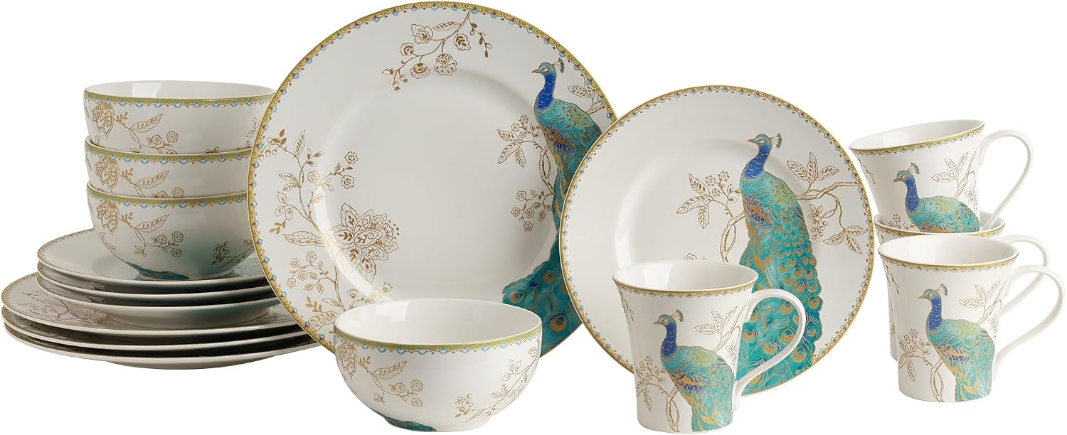 222 Fifth 16-Piece Porcelain Dinnerware Set for 4, Elegant Plates and Bowls Sets-White, Teal, Gold Ceramic Dishes, Chip Proof Kitchen and Dining Dish Set, Microwave & Dishwasher Safe, Peacock Garden