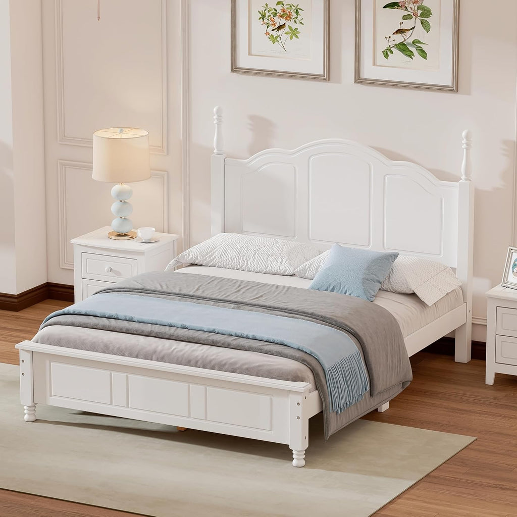 Harper & Bright Designs Full Size Mid Century Modern Bed Frame, Wooden Platform Bed with Retro Wave Headboard and Underbed Storage for Living Room, Classic Vintage Design, White