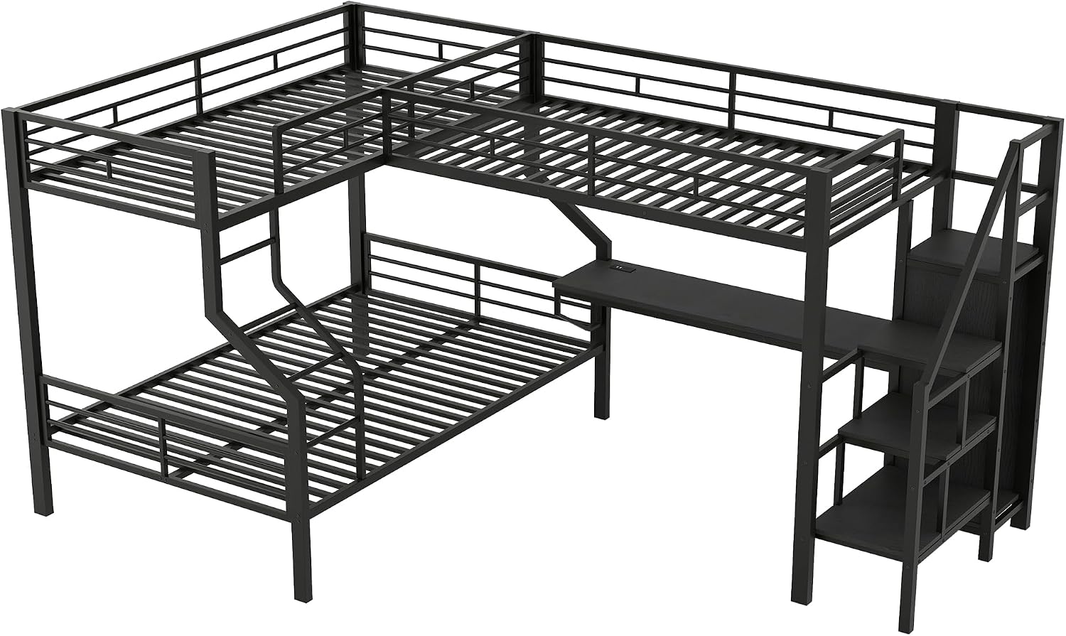 Merax Twin Over Full L-Shaped Metal Loft Bunk Bed with Built-in Desk, Storage Cabinet, and USB Charging Station – Modern Space-Saving Bedroom Set, Black
