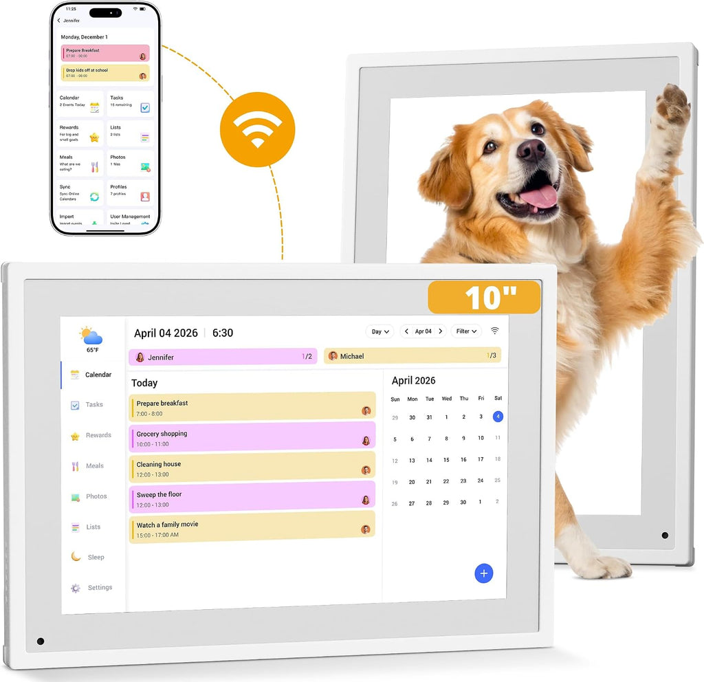 Digital Calendar 10.1 Inch, 1080P Full HD WIFI Interactive Touchscreen Electronic Calendar & 2026 Smart Family Planner, Chore Chart for Multiple Kids, Rewards & Picture Frame, Desk Mount