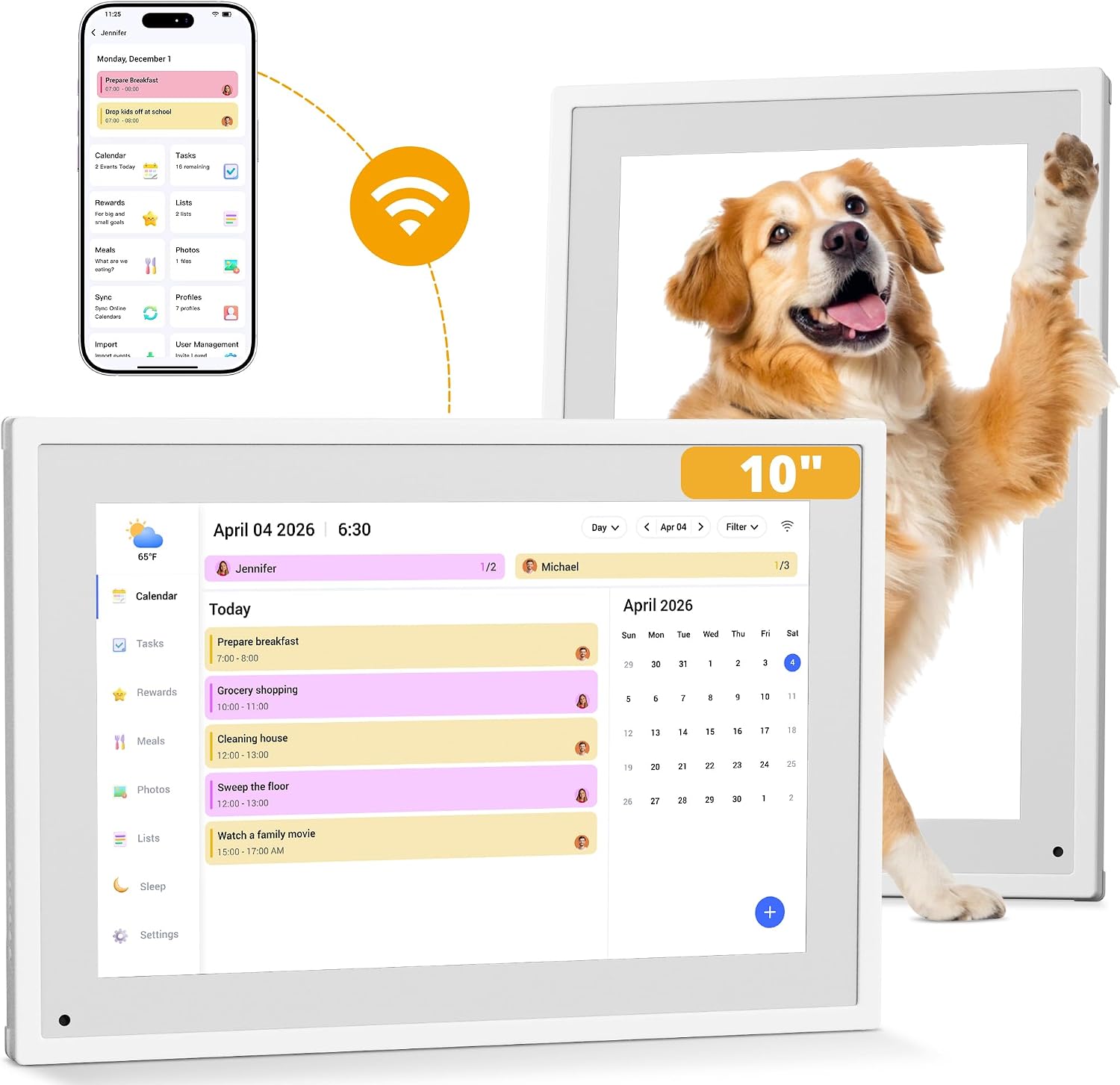 Digital Calendar 10.1 Inch, 1080P Full HD WIFI Interactive Touchscreen Electronic Calendar & 2026 Smart Family Planner, Chore Chart for Multiple Kids, Rewards & Picture Frame, Desk Mount