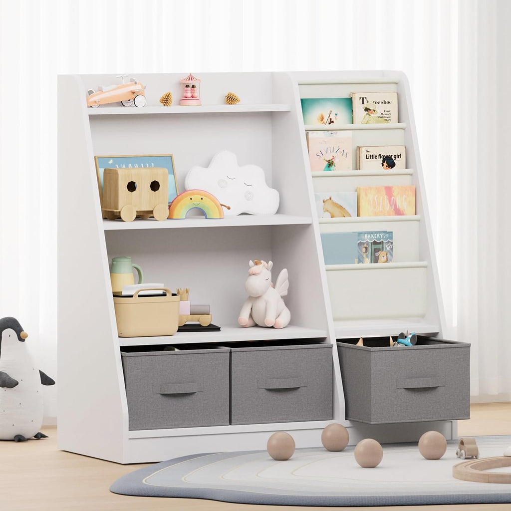 NACHES Kids Bookshelf and Toy Storage Organizer, Montessori Nursery Book Shelves with Sling Rack & Fabric Toy Bins, Toddler Baby Bookcase, Wooden Toy Shelf for Kids Room, Playroom, White-White