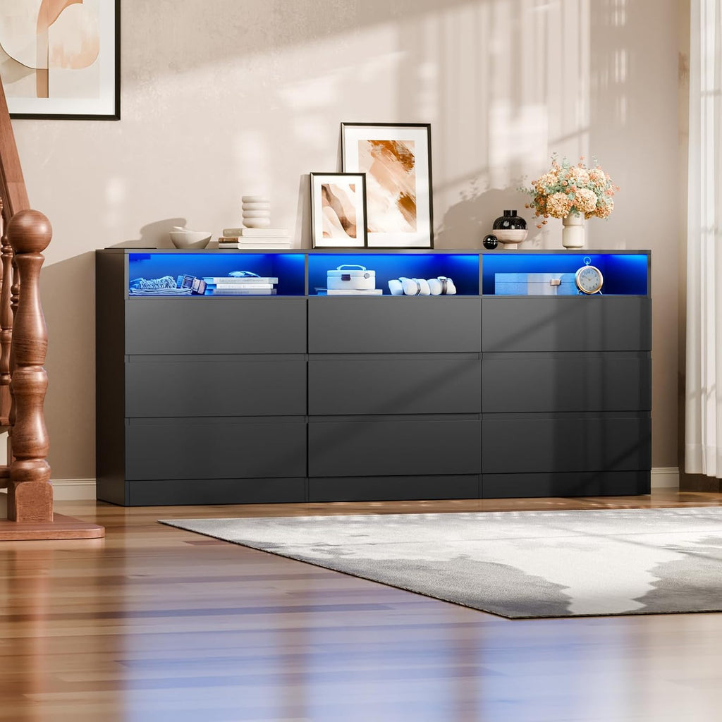 STIKELY 9 Drawer Dresser for Bedroom with Power Outlet and LED Light, Black Dresser Chest of Drawers for Closet, Modern Dressers Organizer Cabinet for Living Room, Entryway, Hallway (Black)