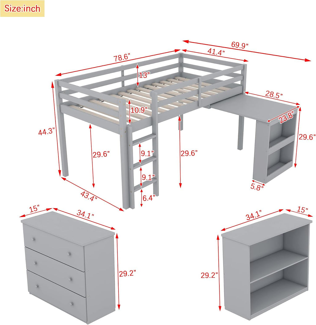 Twin Loft Bed, Multifunctional Loft Bed with Drawer Cabinet, Shelf Cabinet and Pulling-Out Desk, Flexible Under-bed Storage Space, Rubber Wood Loft Bed with Safety Guardrail and Ladder (Grey/261)