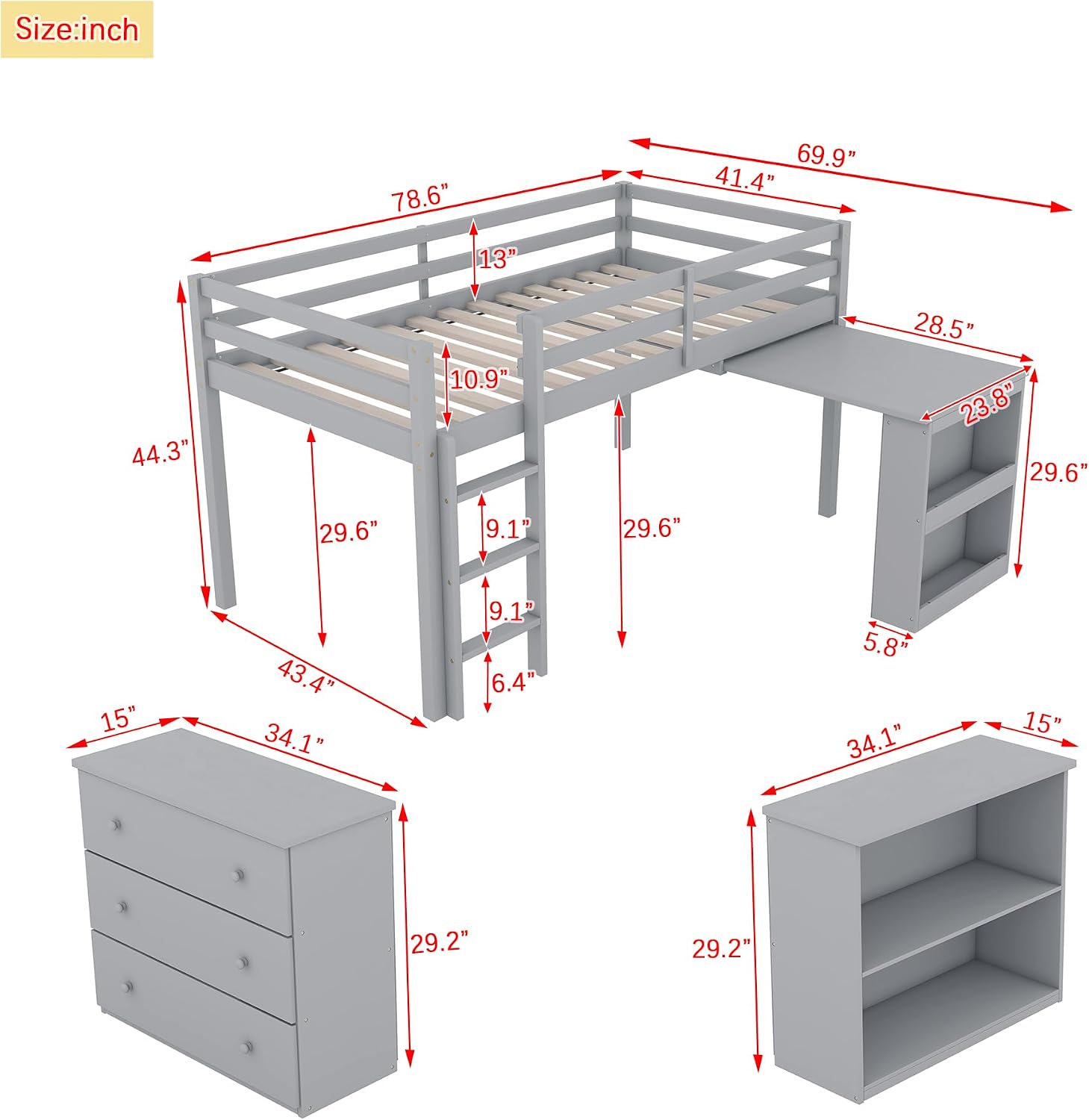Twin Loft Bed, Multifunctional Loft Bed with Drawer Cabinet, Shelf Cabinet and Pulling-Out Desk, Flexible Under-bed Storage Space, Rubber Wood Loft Bed with Safety Guardrail and Ladder (Grey/261)