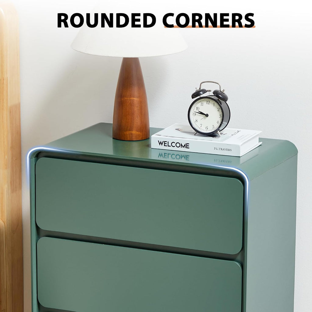 AVZEAR Modern3 Drawer Dresser for Bedroom, Curved Wooden Dresser Chest of Drawers, 3 Drawer Nightstand Closet Clothes Storage Organizer for Kids Bedroom, Living Room, Nursery, Green