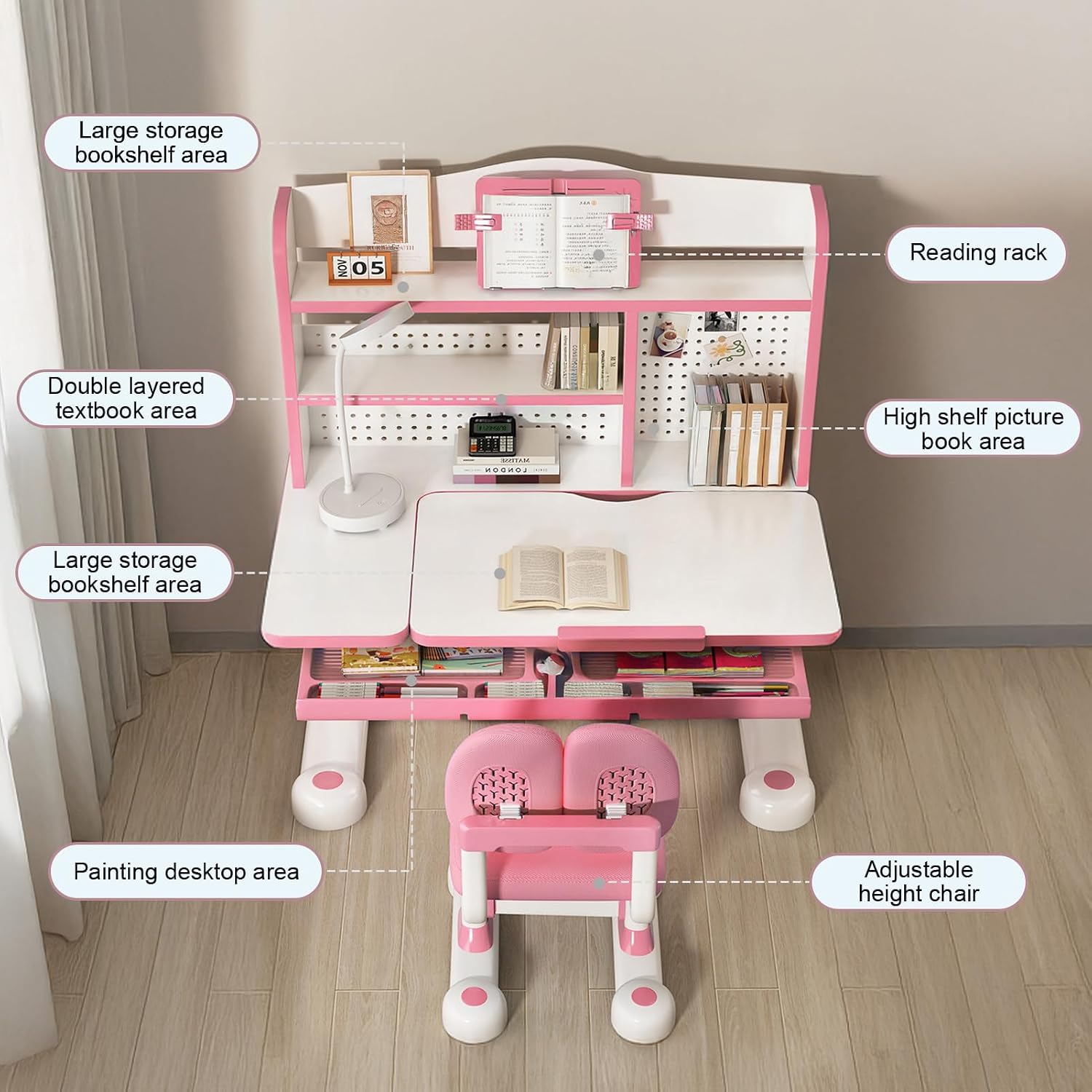 Kids Functional Desk and Chair Set – Ergonomic Height Adjustable Art Desk with One-Touch Tilting Desktop, Book Stand, Reading Rack & Storage Drawer for Children Boys & Girls (013-Pink)