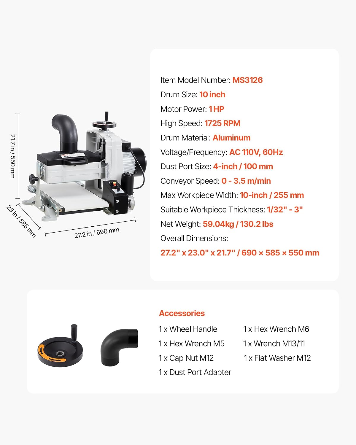 VEVOR 10' Benchtop Drum Sander, 1HP 1725RPM Dual Motor Drum Sander for Woodworking - Variable Speed Conveyor Belt & 4' Dust Collection Port for Cabinet Making & Furniture Finishing