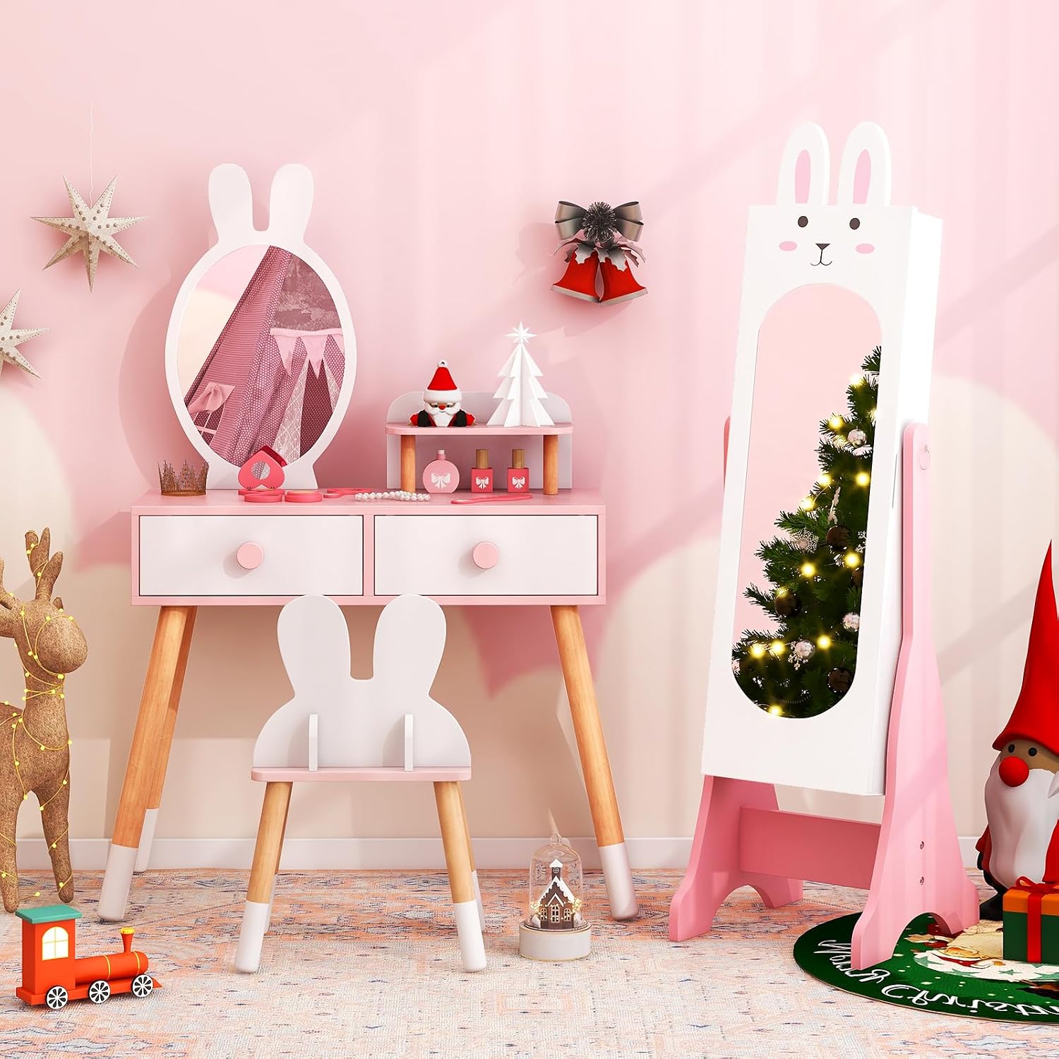 Costzon Kids Vanity Set & Jewelry Armoire Cabinet, Wooden Kids Vanity Table and Chair Set, Standing Jewelry Organizer with Full-Length Mirror, Kids Bedroom Furniture Set for Girls (White)