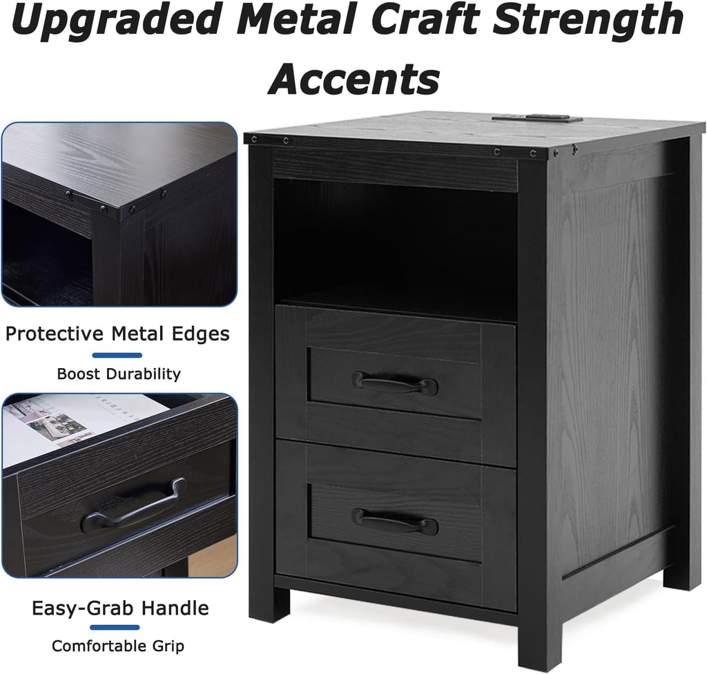 Farmhouse Night Stand Set of 2, Rustic Black Nightstand for Bedroom, End Tables with Charging Station, Bedside Table with Drawers, Wood Bedside Cabinet Dresser