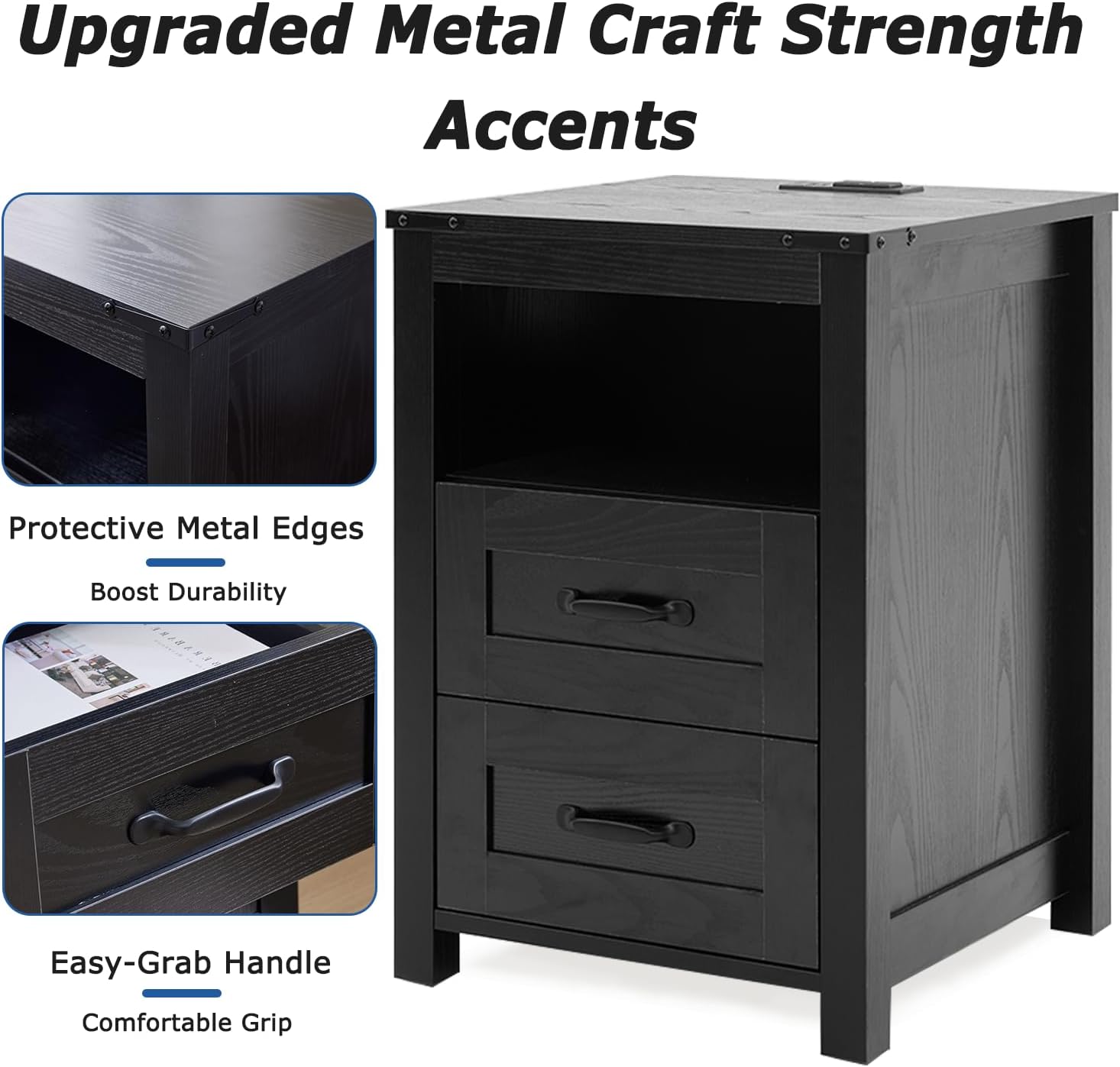 Farmhouse Night Stand Set of 2, Rustic Black Nightstand for Bedroom, End Tables with Charging Station, Bedside Table with Drawers, Wood Bedside Cabinet Dresser