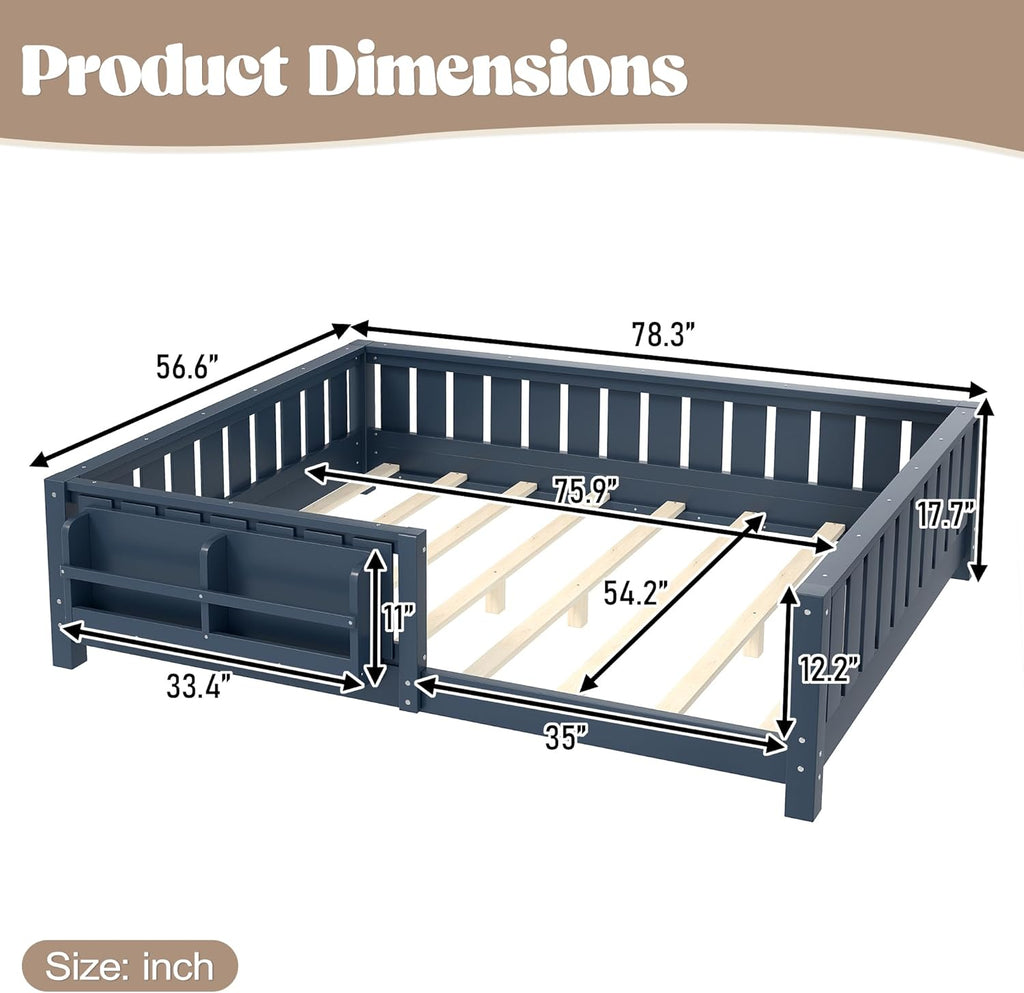 Bellemave Full Size Montessori Floor Bed with Slats and Fence, Full Size Montessori Bed with Rails and Bookcase, Easy Assemble Floor Beds Frame,Blue