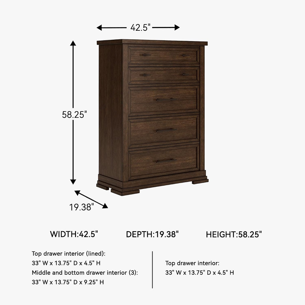 Signature Design by Ashley Taffenbrook Farmhouse 5-Drawer Chest with Felt-Lined Top Drawer and Easy Glide for Bedroom, Dark Brown