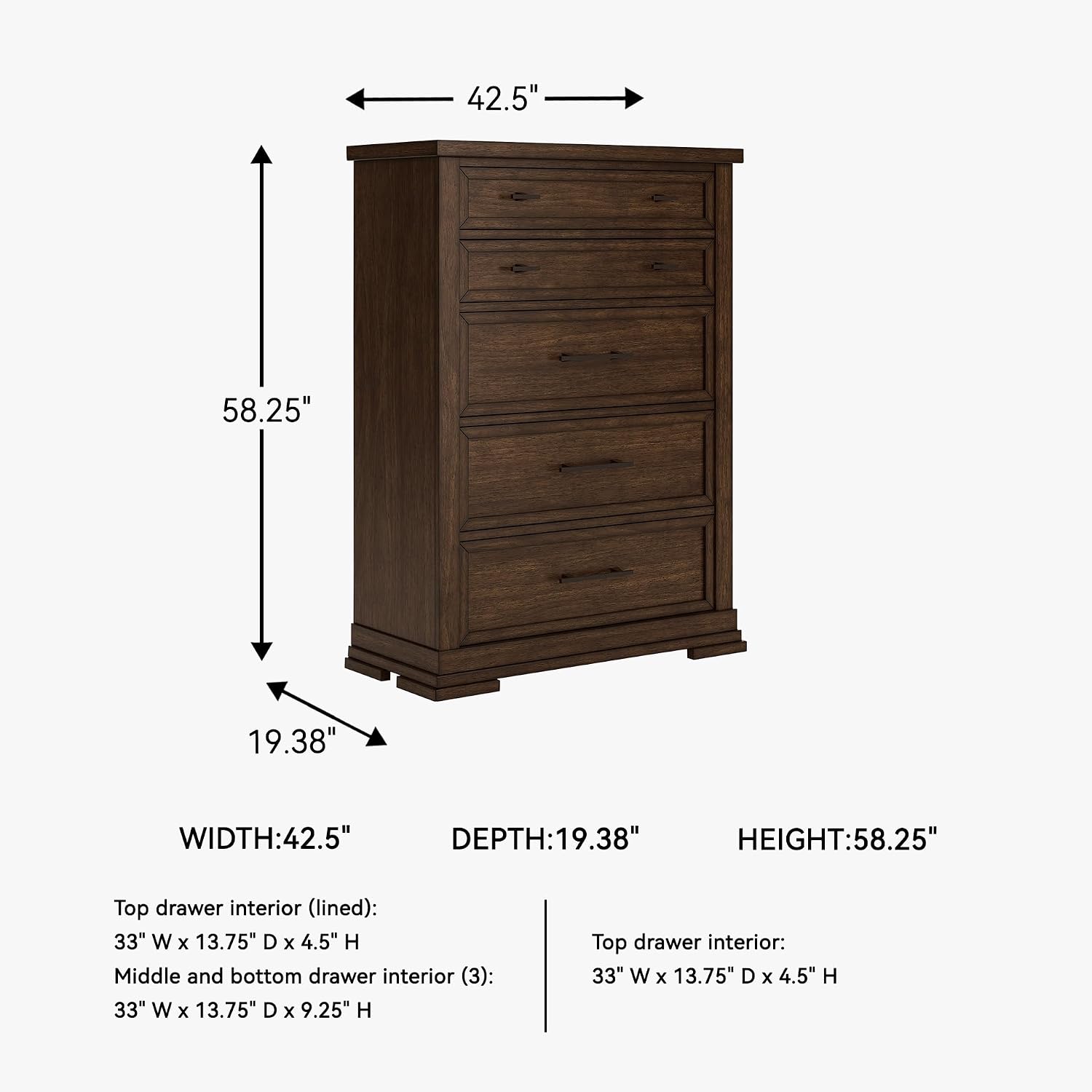 Signature Design by Ashley Taffenbrook Farmhouse 5-Drawer Chest with Felt-Lined Top Drawer and Easy Glide for Bedroom, Dark Brown