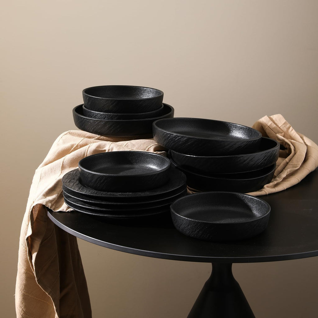 Stone Lain Senso 12-Piece Dinnerware Set New Bone China, Plates and Bowls Sets, Dish set for 4, Dinner and Salad Plates, Black