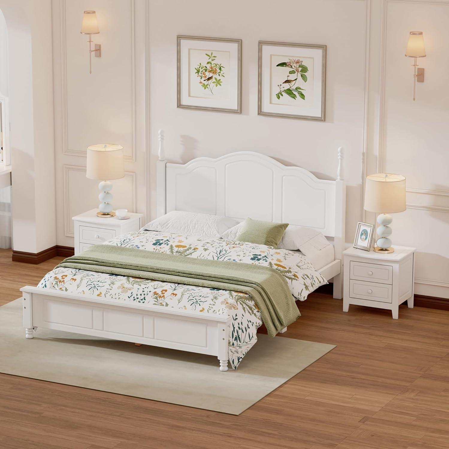 A Three-Piece Furniture Set, A Sturdy Wooden Bed with A Bedside Table, Suitable for A Family Setting(White(Queen))