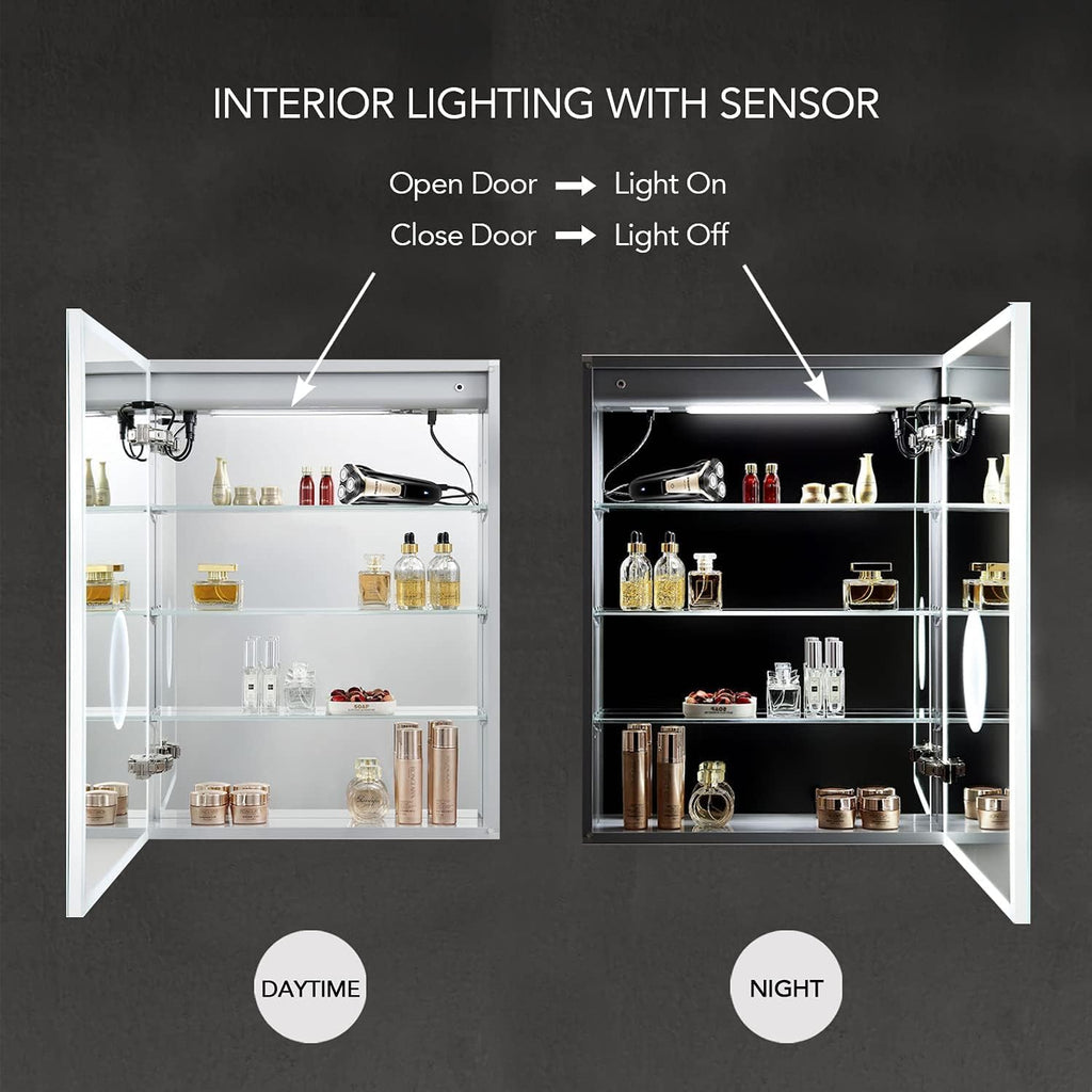 Blossom LED Lighted Mirror Medicine Cabinet, 20x32 Inch, Right Hinge, Recessed/Surface Bathroom LED Medicine Cabinet with Mirror, Defogger, Adjustable Brightness, 3X Makeup Mirror, Outlets & USB Ports