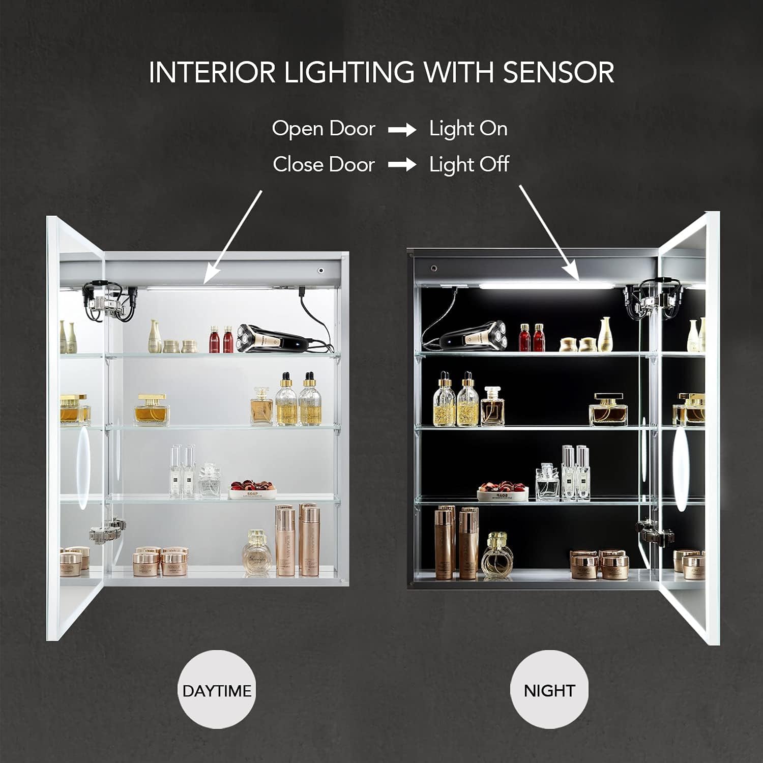 Blossom LED Lighted Mirror Medicine Cabinet, 20x32 Inch, Right Hinge, Recessed/Surface Bathroom LED Medicine Cabinet with Mirror, Defogger, Adjustable Brightness, 3X Makeup Mirror, Outlets & USB Ports