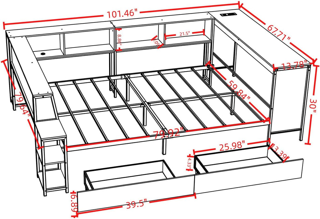 Full Corner Bed Frame with Storage Drawers, Modern Metal Day Bed Frame & L Shaped Bedframe with Led Lights/Charging Station/Bookcase/Desk (Black, Queen)