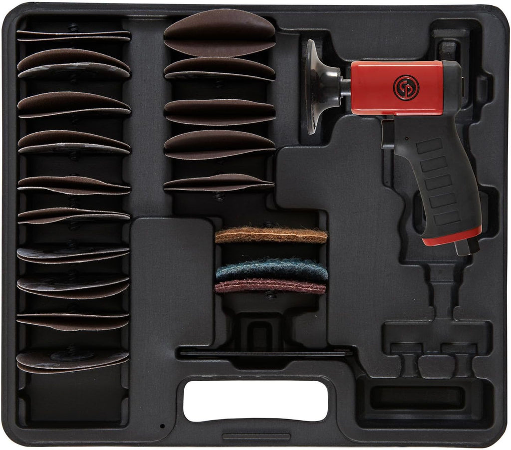 Chicago Pneumatic CP7202D Kit - Air Rotary Sander Tool, Home Improvement, Woodworking Tools, Polisher, Rust Removal, Rotary Tool, Pistol Handle, Hook & Loop, 3 Inch (75 mm), 0.2 HP/ 150W - 15000 RPM, One Size, Factory