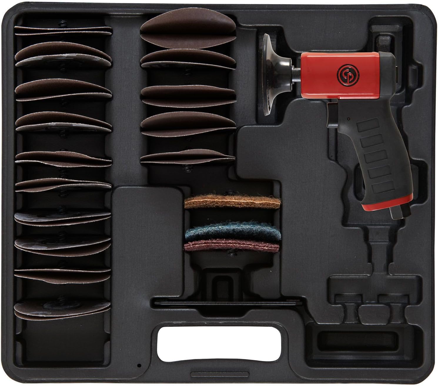 Chicago Pneumatic CP7202D Kit - Air Rotary Sander Tool, Home Improvement, Woodworking Tools, Polisher, Rust Removal, Rotary Tool, Pistol Handle, Hook & Loop, 3 Inch (75 mm), 0.2 HP/ 150W - 15000 RPM, One Size, Factory