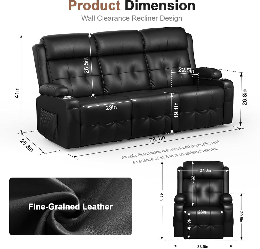 Recliner Sofa, Massage Reclining Sofa 3 Seater Sets Heavy Weight Capacity, 2 Single Power Heat & Massageable Chair with Storage, Cup Holders, Wall Hugger Couches for Living Room & RV Campers