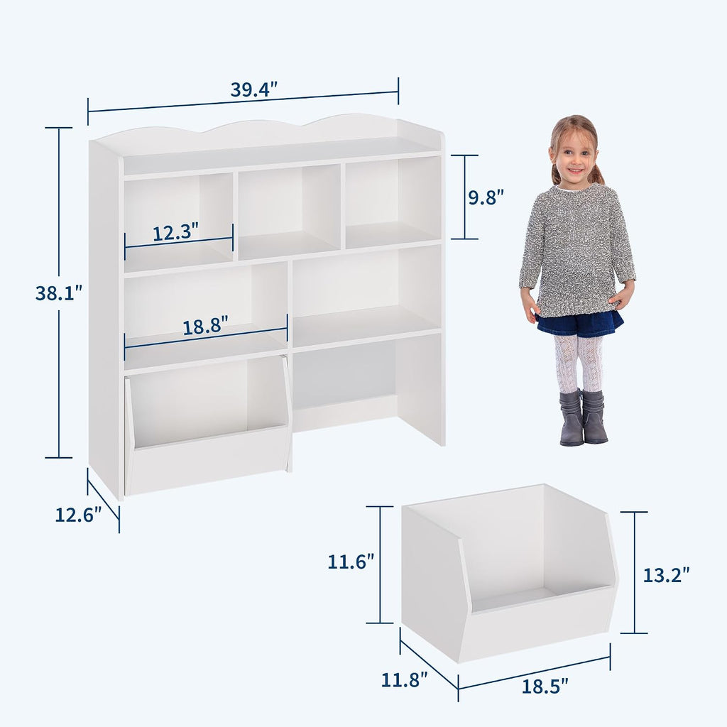 IDEALHOUSE Toy Storage Organizer with Movable Drawers, Kids Bookshelf with Hidden Wheels and 5 Open Cubbies, Multifunctional Storage Cabinet Chest for Playroom