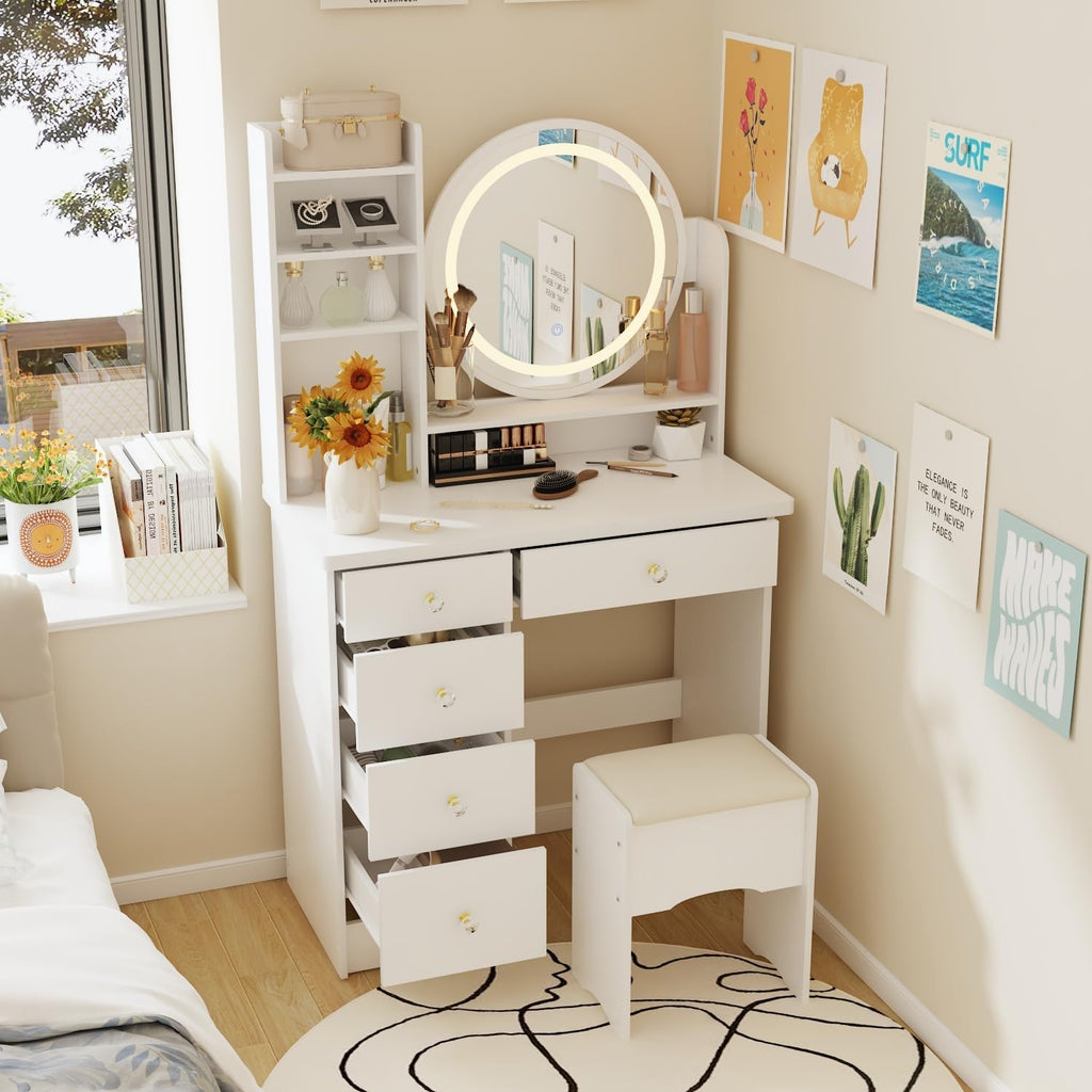 Vanity Desk Set with Lighted Mirror, Makeup Vanity with 5 Drawer & Shelf, Dressing Table with Touch Screen Light & Jewelry Organizer for Bedroom, White (Lighted Mirror)