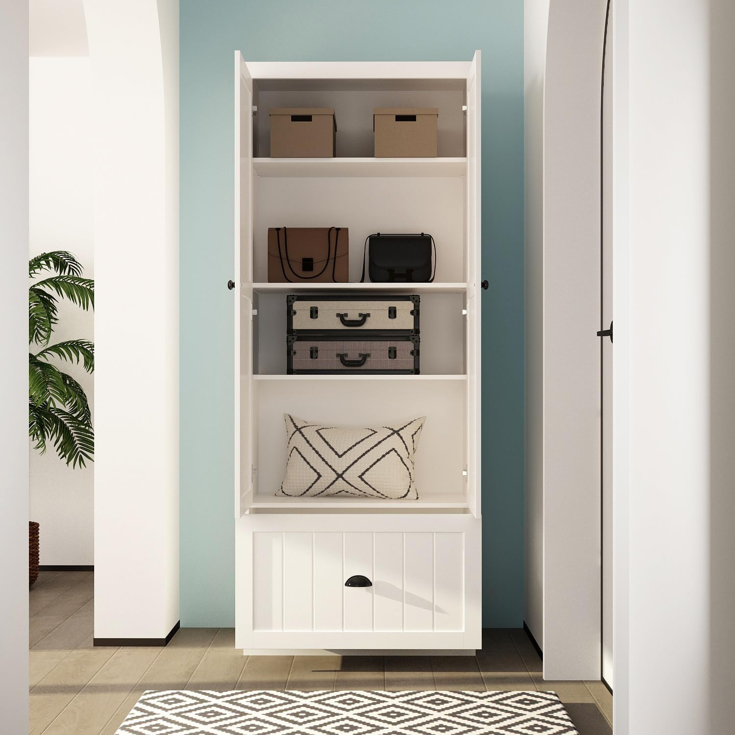 AIEGLE 2 Doors Wardrobe Armoire Closet, Bedroom Storage Cabinet Organizer with 4 Tiers Shelf & Drawer, Freestanding Armoire Wardrobe Cabinet, White (27.6' W x 13.8' D x 70.9' H)