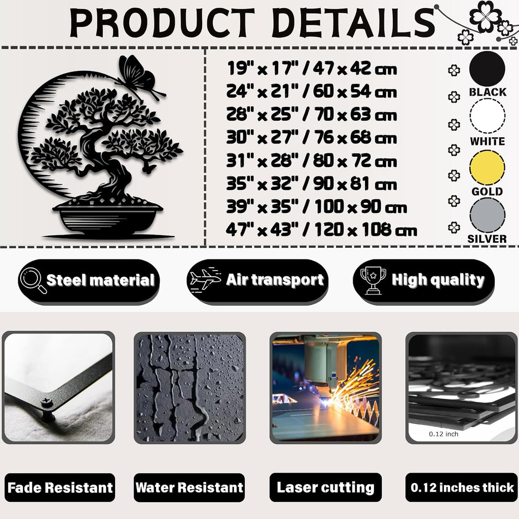 Maclou Japanese Metal Wall Art,Bonsai Tree Metal Wall Art,Asian Wall Decor for Bedroom,Living Room,Office (Gold,30' x 27' / 76 x 68 cm)
