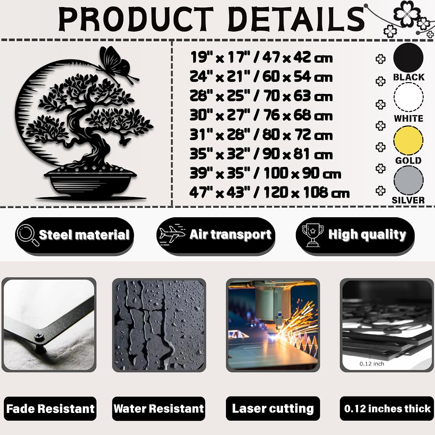 Maclou Japanese Metal Wall Art,Bonsai Tree Metal Wall Art,Asian Wall Decor for Bedroom,Living Room,Office (Gold,30' x 27' / 76 x 68 cm)