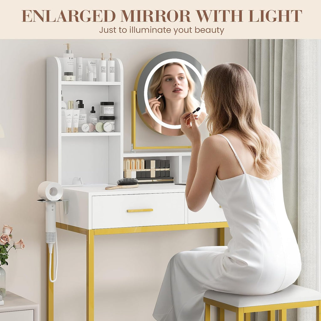 Vanity Desk with Mirror and Light, Makeup Vanity Desk with Rotating Mirror, 3 Colors Adjustable Light, Wood Vanity with 2 Drawers, Stool, Power Outlet, Vanity Set for Bedroom/Dressing Room, Gold